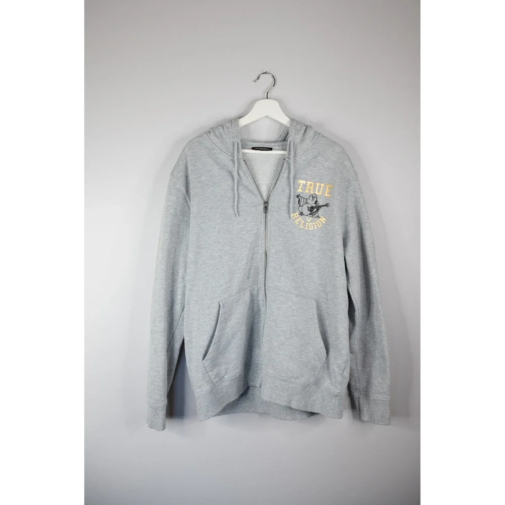 True Religion Zip Hoodie Mens XL Gray Excellent Buddha 3 Star Graphic Sweatshirt